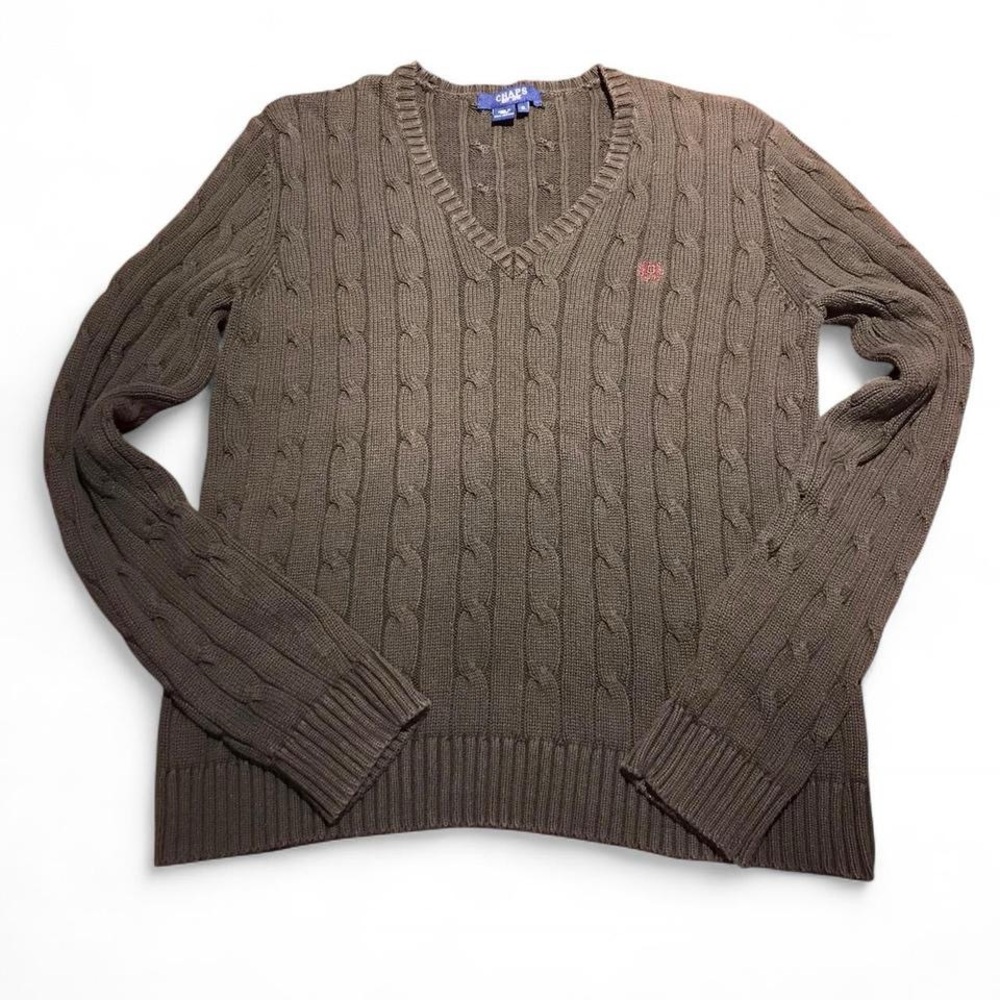 Vintage Chaps V Neck Women’s Brown Cable Knit Sweater w/ maroon logo - Size S